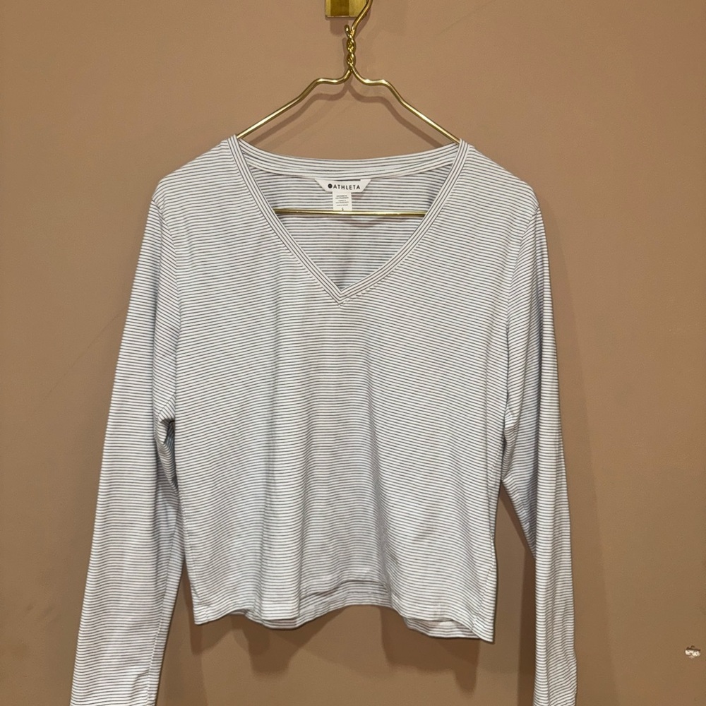 NWOT Athleta White Striped V-Neck Top